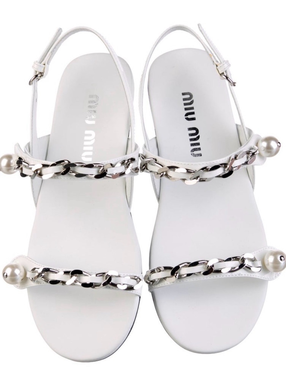 Miu Miu Leather Slingback Sandals White chains and pearls 35